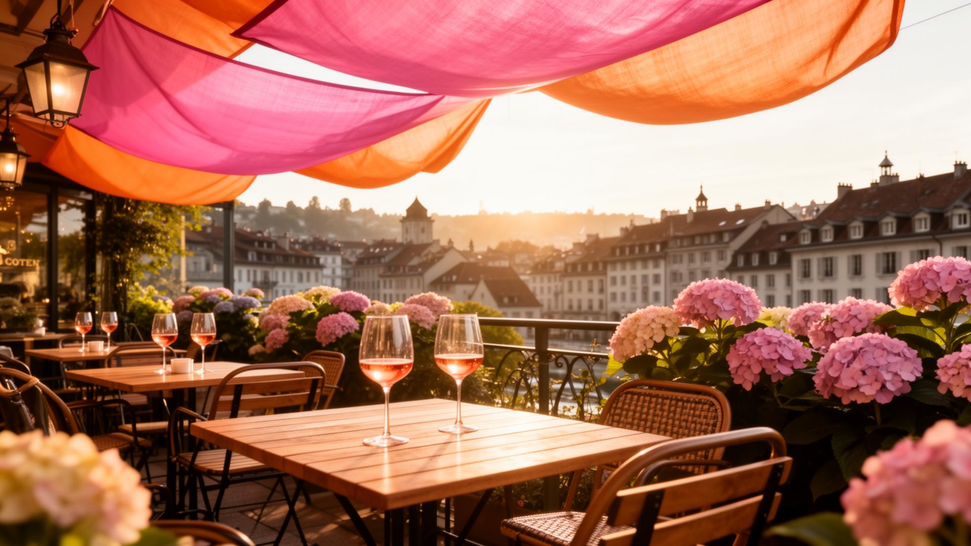 Terrasse de Chez Maud au coucher du soleil avec vue sur les toits de Lausanne